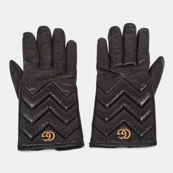 Pre Owned Gucci Black Matelassé Leather GG Marmont Gloves Size 7.5