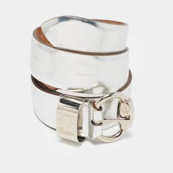 Pre Owned Gucci Silver Leather Horsebit Buckle Belt 80 CM