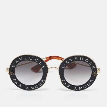 Pre Owned Gucci Black/Gold Gradient GG0113S L'aveugle Par Amour Round Sunglasses