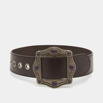 Pre Owned Gucci Dark Brown Leather Embellished Buckle Belt 65CM