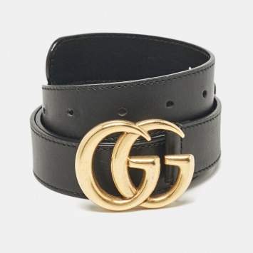 Pre Owned Gucci Black Leather GG Marmont Buckle Belt 90CM