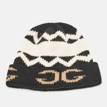 Pre Owned Gucci Black/White GG Wool Rib Knit Beanie L