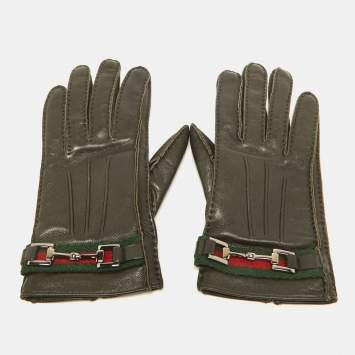 Pre Owned Gucci Brown Leather Web Horsebit Gloves Size 7