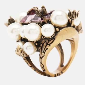 Pre Owned Gucci Crytstals Faux Pearl Gold Tone Ring Size 50