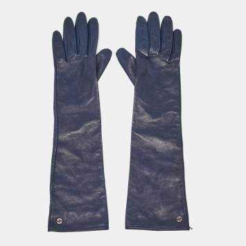 Gucci Navy Blue Leather Interlocking G Long Gloves Size 6.5 