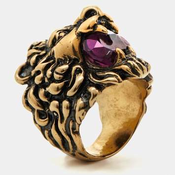 Pre Owned Gucci Lion Crystal Aged Gold Finish Ring Size 56