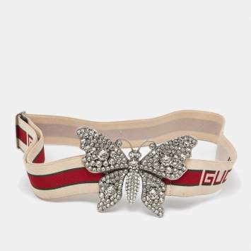 مملوكة مسبقًا Gucci Beige Elastic Band Crystal Embellished Butterfly Buckle Belt 85CM