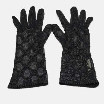 Pre Owned Gucci Black GG Embroidered Tulle Gloves L