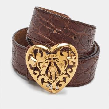 Pre Owned Gucci Dark Brown Crocodile Leather Crest Buckle Belt 90CM