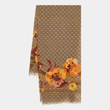 Pre Owned Gucci Brown Big Panshie GG Print Wool Shawl