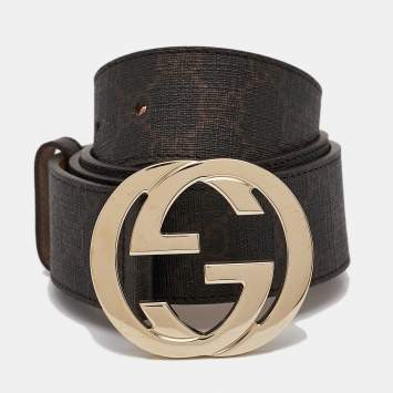 Pre Owned Gucci Dark Brown GG Supreme Canvas Interlocking G Buckle Belt 95CM