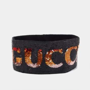 Gucci Black Logo Print Sequin Headband and Wristband Set S