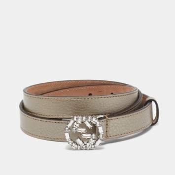 Pre Owned Gucci Gold Leather Crystal Embellished Interlocking G Buckle Belt 90CM