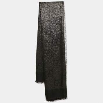 Pre Owned Gucci Metallic Black GG Wool Blend Scarf