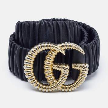 Pre Owned Gucci Black Elastic Leather GG Marmont Torchon Buckle Belt 80CM