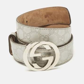 Pre Owned Gucci Silver Guccissima Leather Interlocking G Buckle Belt 85 CM