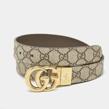 Pre Owned Gucci Beige GG Supreme Canvas GG Marmont Reversible Buckle Belt 85CM