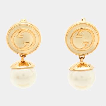 Pre Owned Gucci Blondie Enamel Faux Pearl Gold Tone Drop Earrings
