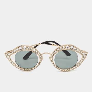 Pre Owned Gucci Black/Gold GG0046S Crystals Eye Round Sunglasses