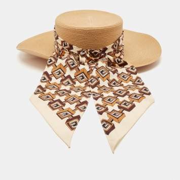 Pre Owned Gucci Brown Silk Scarf Trim Straw Hat S