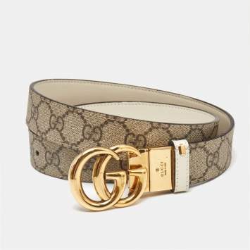 Pre Owned Gucci Beige GG Supreme Canvas GG Marmont Buckle Reversible Belt 85 CM