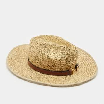 Gucci Beige Horsebit Leather Trim Straw Hat 