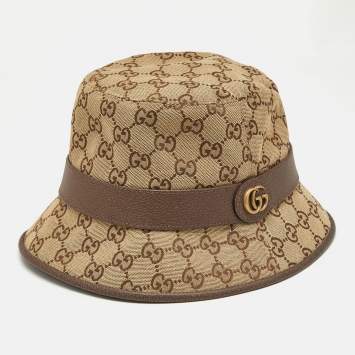 Pre Owned Gucci Beige GG Canvas Leather Trimmed Bucket Hat M