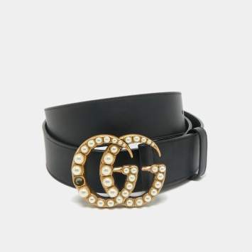 Gucci Black Leather GG Marmont Pearl Embellished Buckle Belt 110CM