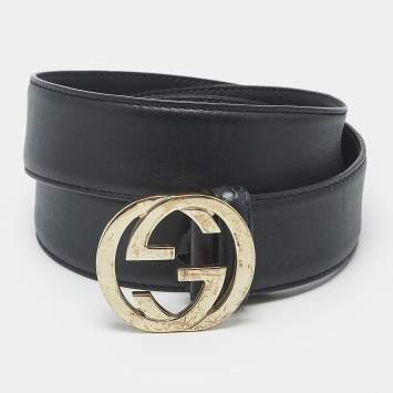 Pre Owned Gucci Black Leather Interlocking G Buckle Belt 95 CM