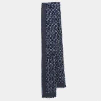 Pre Owned Gucci Blue GG Wool Reversible Scarf