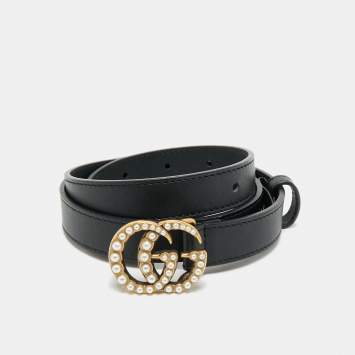 Gucci Black Leather Pearl Embellished GG Marmont Slim Belt 75 CM