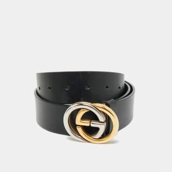 Pre Owned Gucci Black Leather Interlocking G Buckle Belt 90 CM