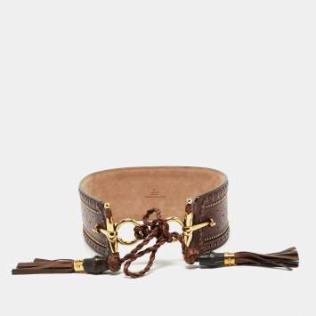 Pre Owned Gucci Brown Leather Embellished Tassel Waist Wide Belt 70CM