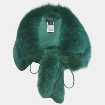 Pre Owned Gucci Green Fox Fur & Leather Trim Neck Collar
