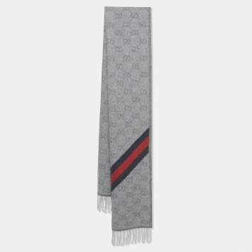 Pre Owned Gucci Grey GG Supreme Monogram Jacquard Wool Fringed Scarf 