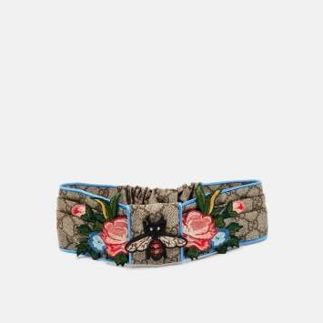 Pre Owned Gucci Brown Guccissima Bee & Floral Appliqué Silk Headband