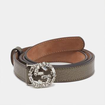 Pre Owned Gucci Metallic Leather Interlocking G Crystals Waist Belt 90CM