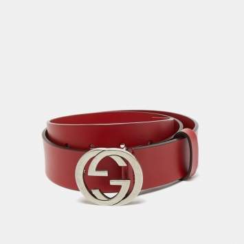 Pre Owned Gucci Red Leather Interlocking G Buckle Belt 85CM