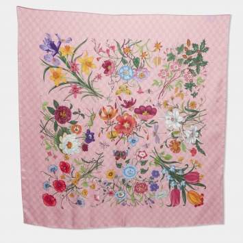 Pre Owned Gucci Floral GG Supreme Print Silk Square Scarf 