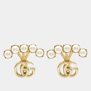 مملوكة مسبقًا Gucci Double G Faux Pearl Gold Tone Earrings