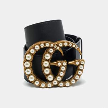 Pre Owned Gucci Black Leather GG Marmont Pearl Wide Waist Belt 75CM