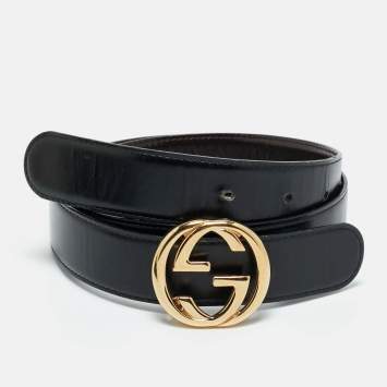 Pre Owned Gucci Black Glossy Leather Interlocking G Belt 75CM