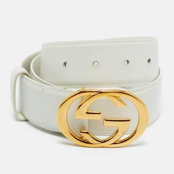 Pre Owned Gucci White Leather Interlocking G Buckle Belt 85CM