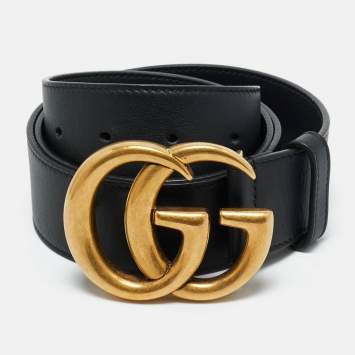 Pre Owned Gucci Black Leather GG Marmont Buckle Belt 95CM