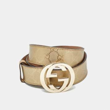 Pre Owned Gucci Gold GG Imprime Canvas Interlocking G Buckle Belt 95CM