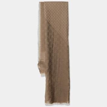 Pre Owned Gucci Brown GG Jacquard Wool Fringe Scarf