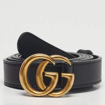 Pre Owned Gucci Black Leather GG Marmont Slim Belt 90CM