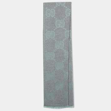 Pre Owned Gucci Light Blue & Grey Logo Intarsia Wool Shawl