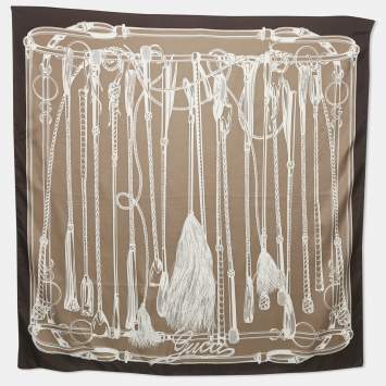 Pre Owned Gucci Beige & Black Buckle Printed Silk Scarf