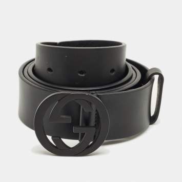 Pre Owned Gucci Black Leather Interlocking G Buckle Belt 110CM